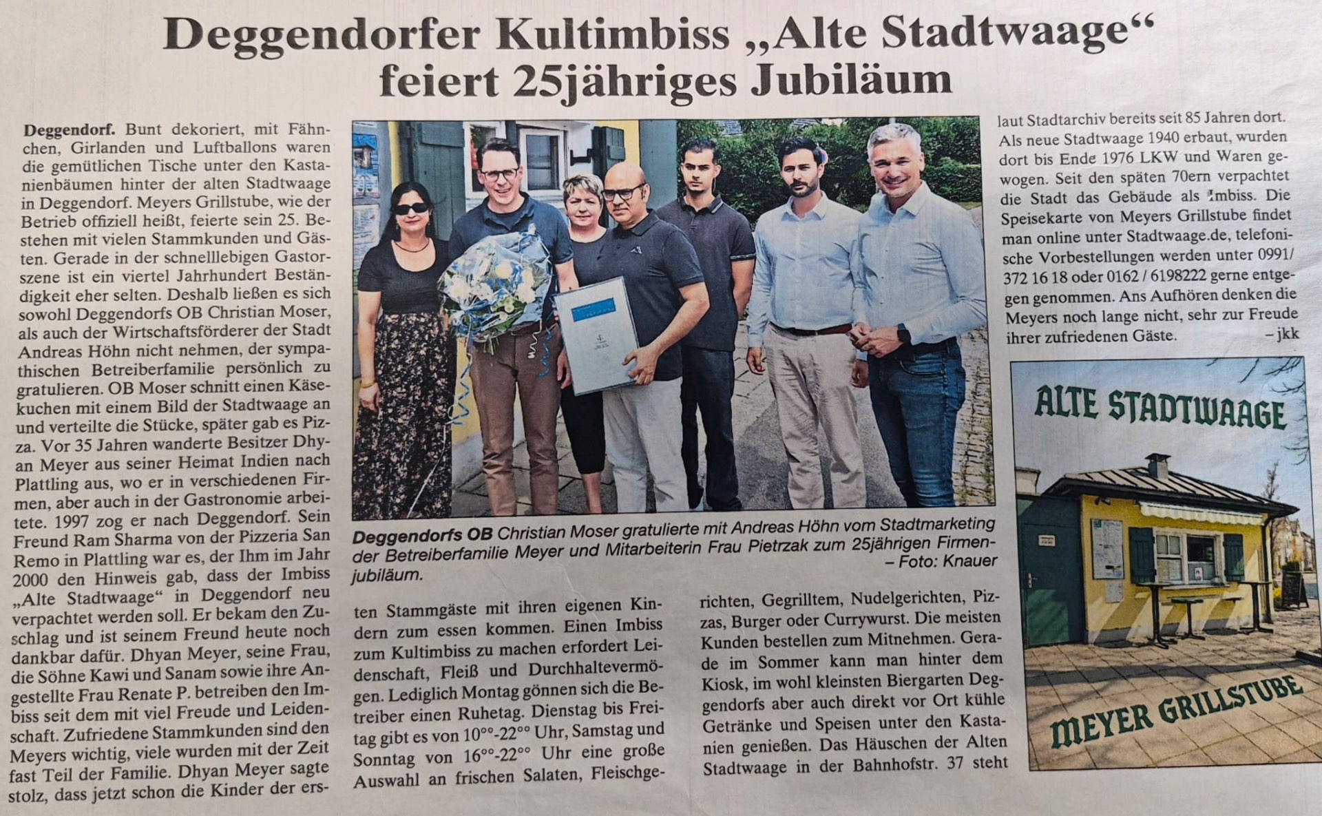 Zeitungsartikel der Passauer Neuen Presse über das 25-jährige Jubiläum des Deggendorfer Kultimbisses Alte Stadtwaage